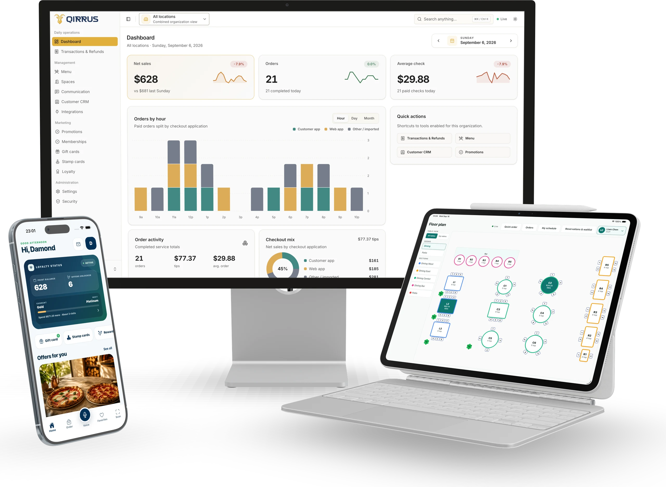 Qirrus on desktop, tablet, and phone: sales reporting, the live POS floor plan, and the customer loyalty app
