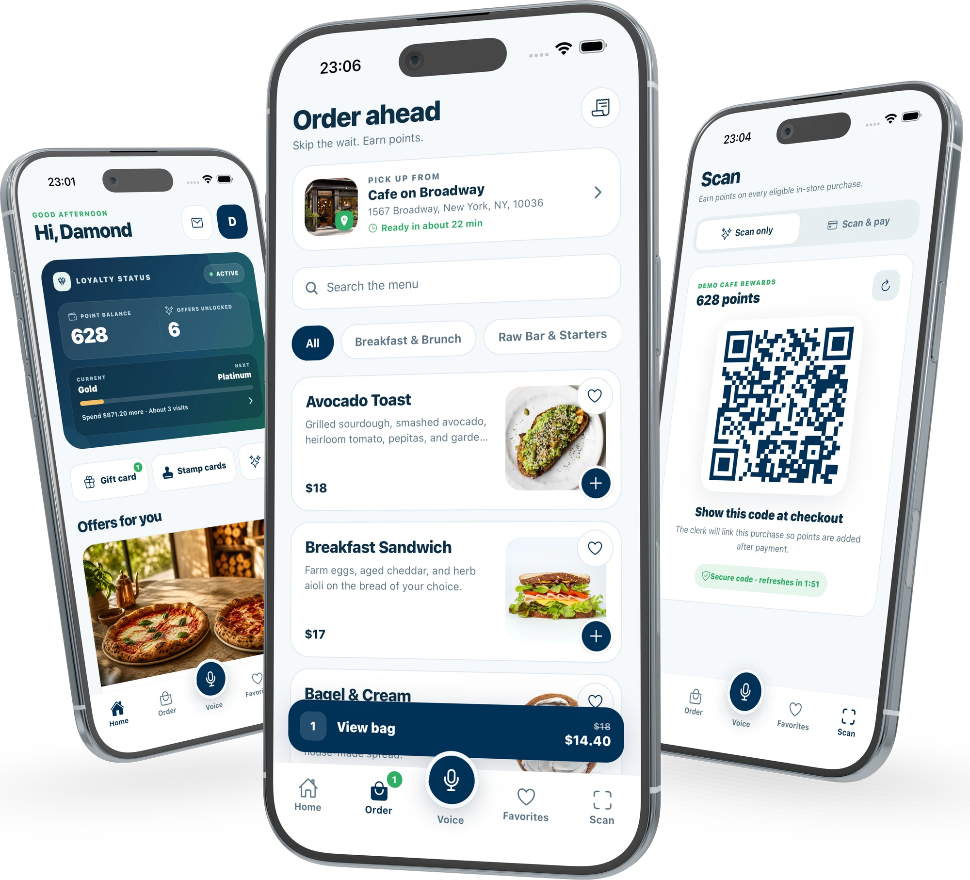 Qirrus customer app on three phones, showing loyalty rewards, order-ahead menu browsing, and a checkout rewards code